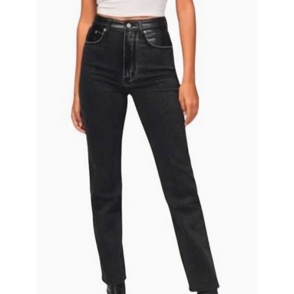 Abercrombie & Fitch 90s Relaxed High Rise Jeans Vegan Leather‎ Trim Black 25 0R